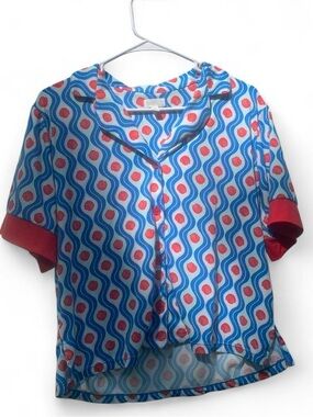Blue Wave Print Button Front Top with Red Accents